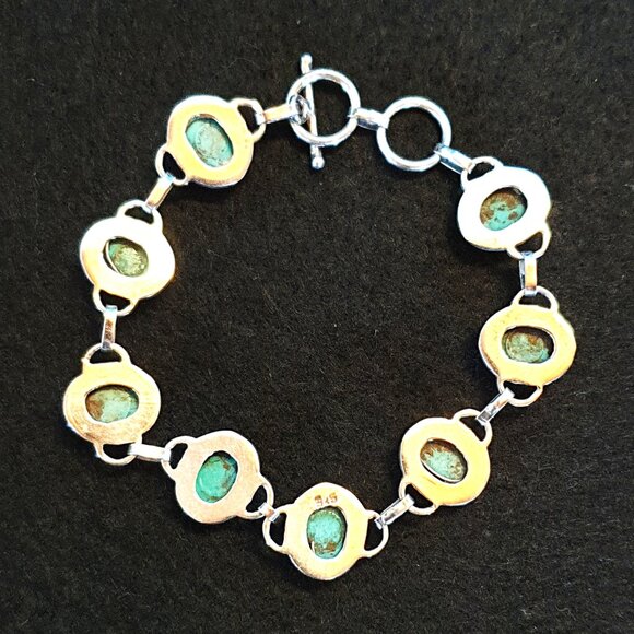 Vintage 925 Sterling Silver Genuine Black Vein Turquoise Cabochon Link Bracelet - Picture 9 of 13